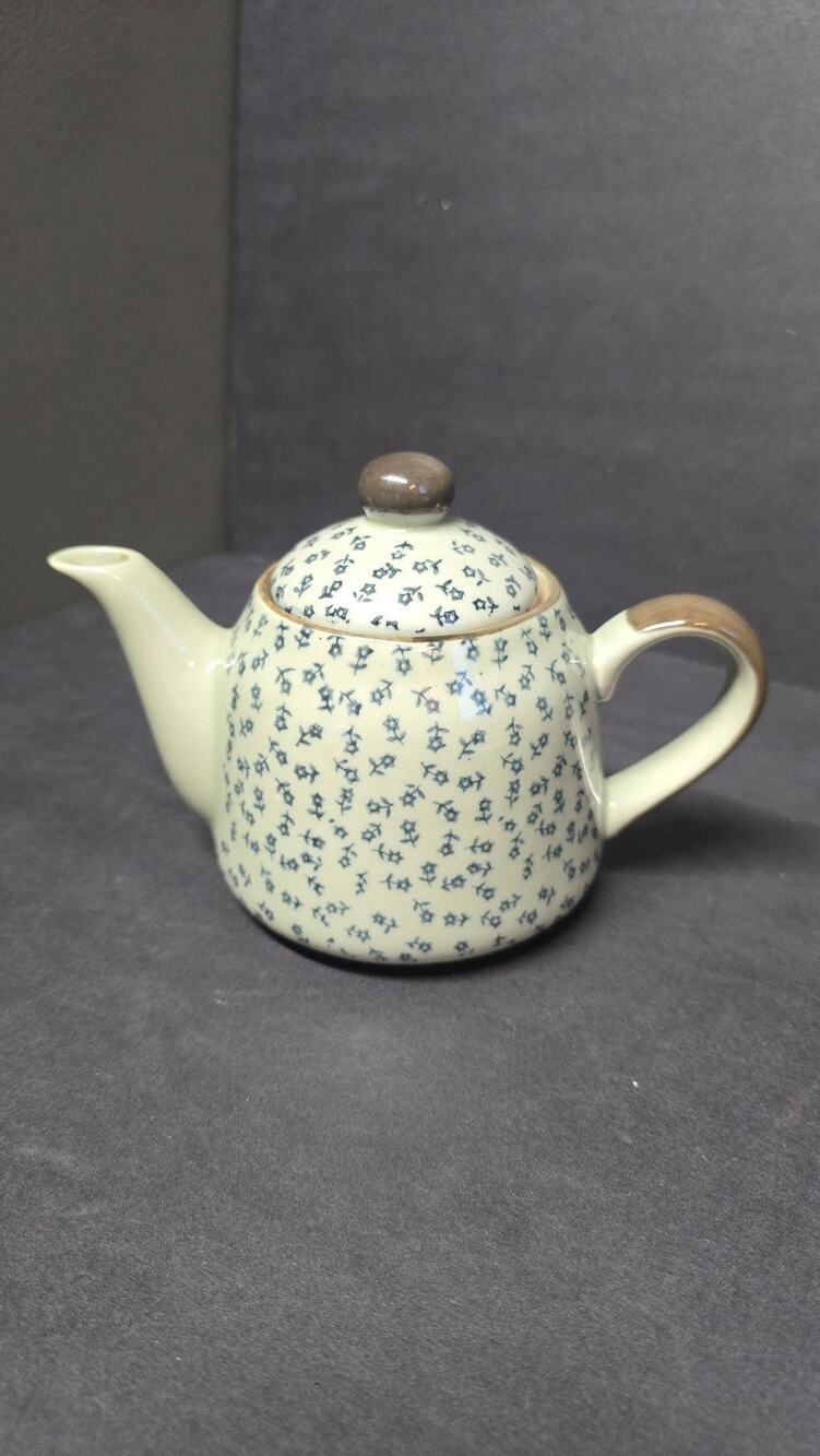 Vintage T.T White Ceramic Teapot Blue Floral Small Cottage Stainless Infuser Lid